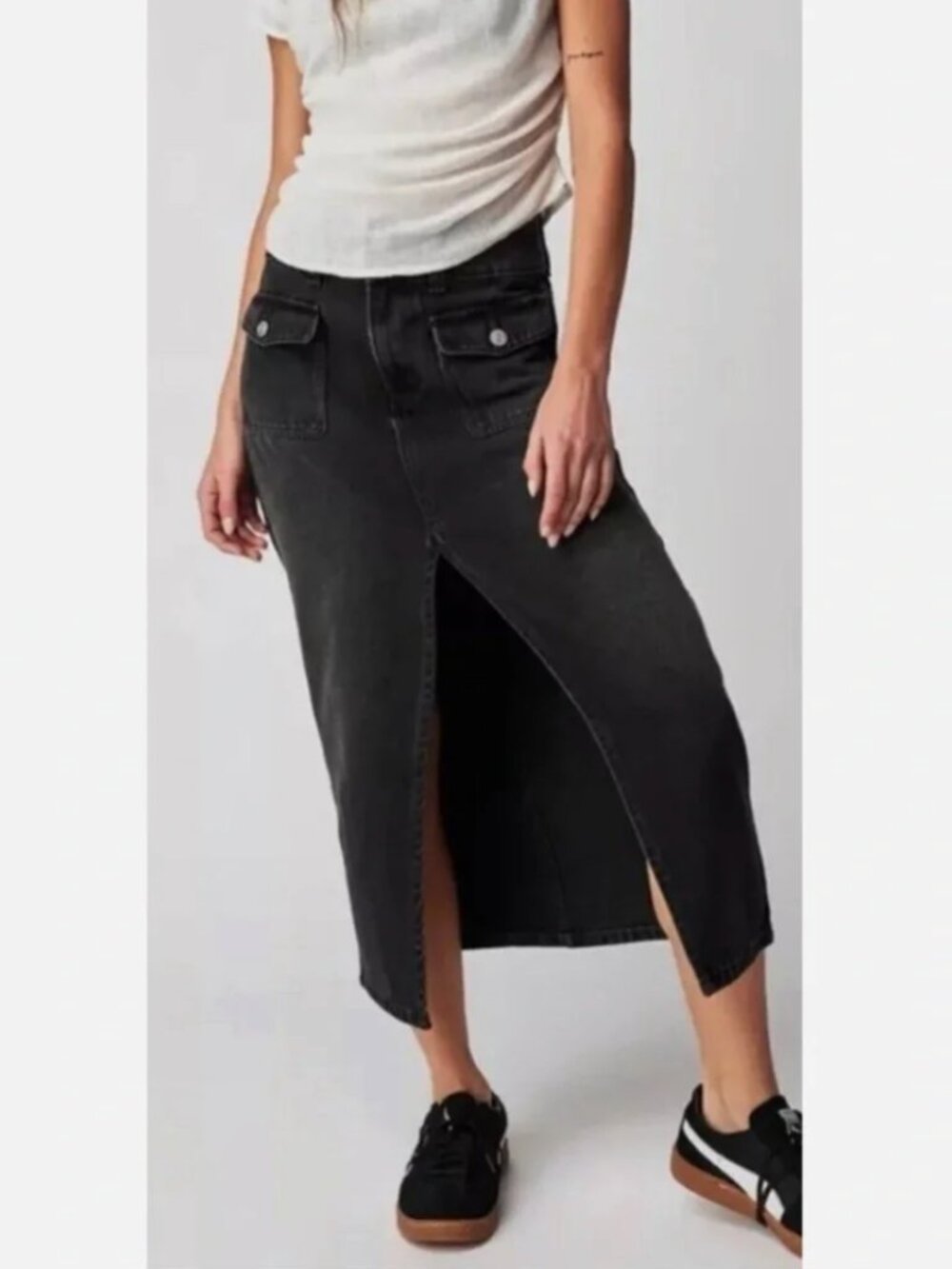 We the Free x Free People Madison Denim High Rise Midi Skirt Black Pockets, 28